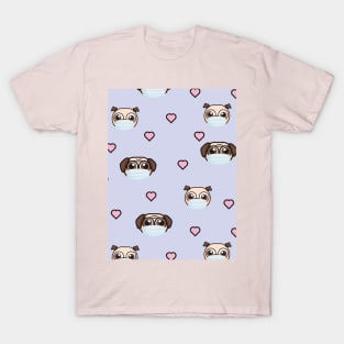 Cute Pugs Wearing Masks Pattern With Pink Hearts Shapes  Graphic illustrations T-Shirt